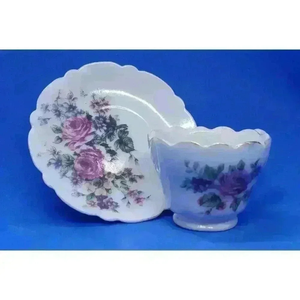 Vintage 2 Pc Miniature Tea Cup & Saucer Set Roses Galore Japan 50s Scallop Edge